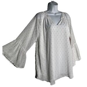 Sunsets & Sweet Tea White V Neck Blouse XL Chiffon Gold Silver Accents Coastal